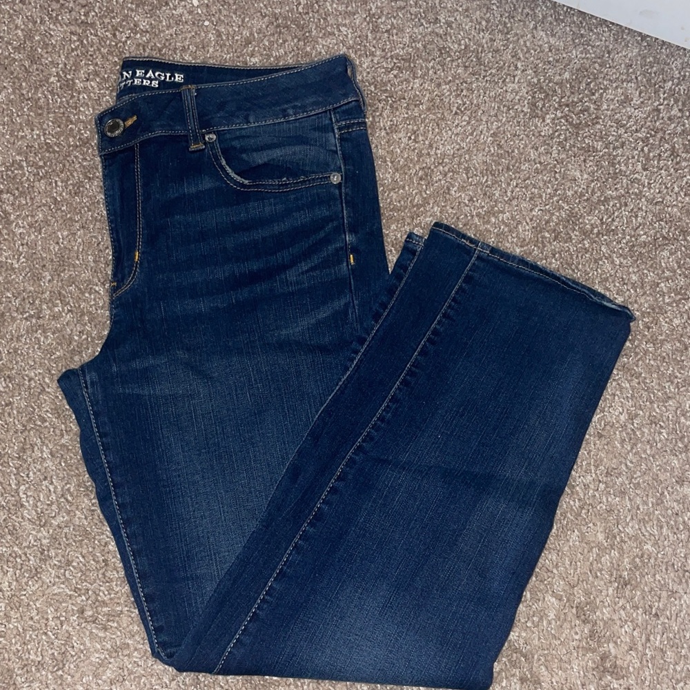American Eagle Outfitters Women's Deep Blue Straight Jeans, Size 14P/Short